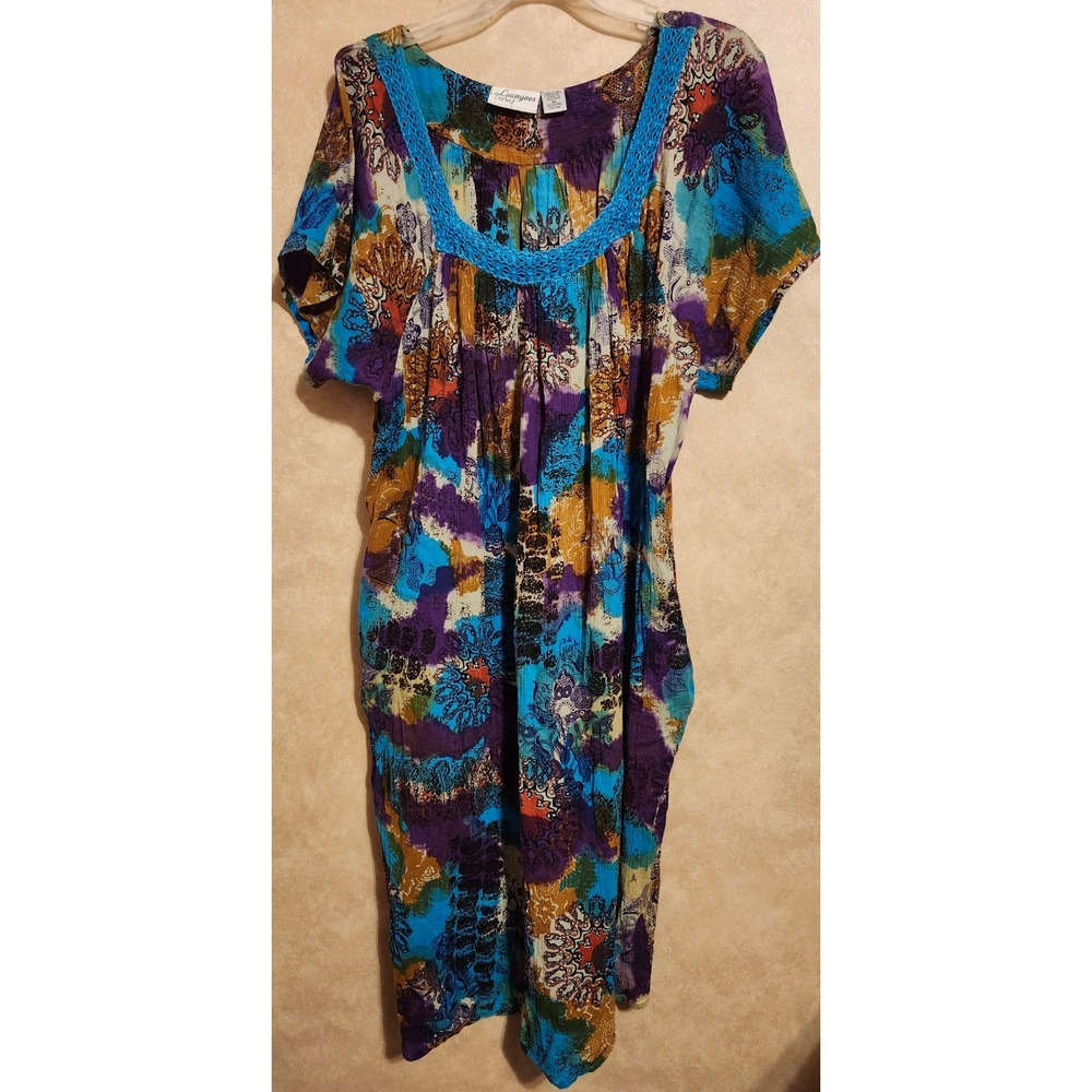 Loungees Sears Womens XL Cotton Muumuu House Dress Purple Floral Gauze Pocket